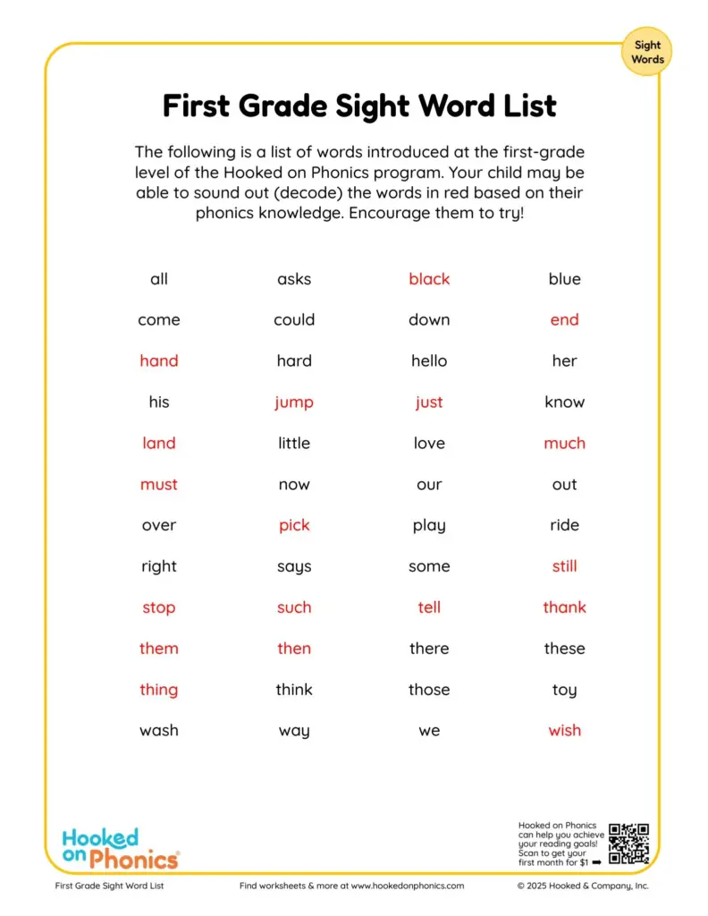 1st Grade Sight Words list for young learners 