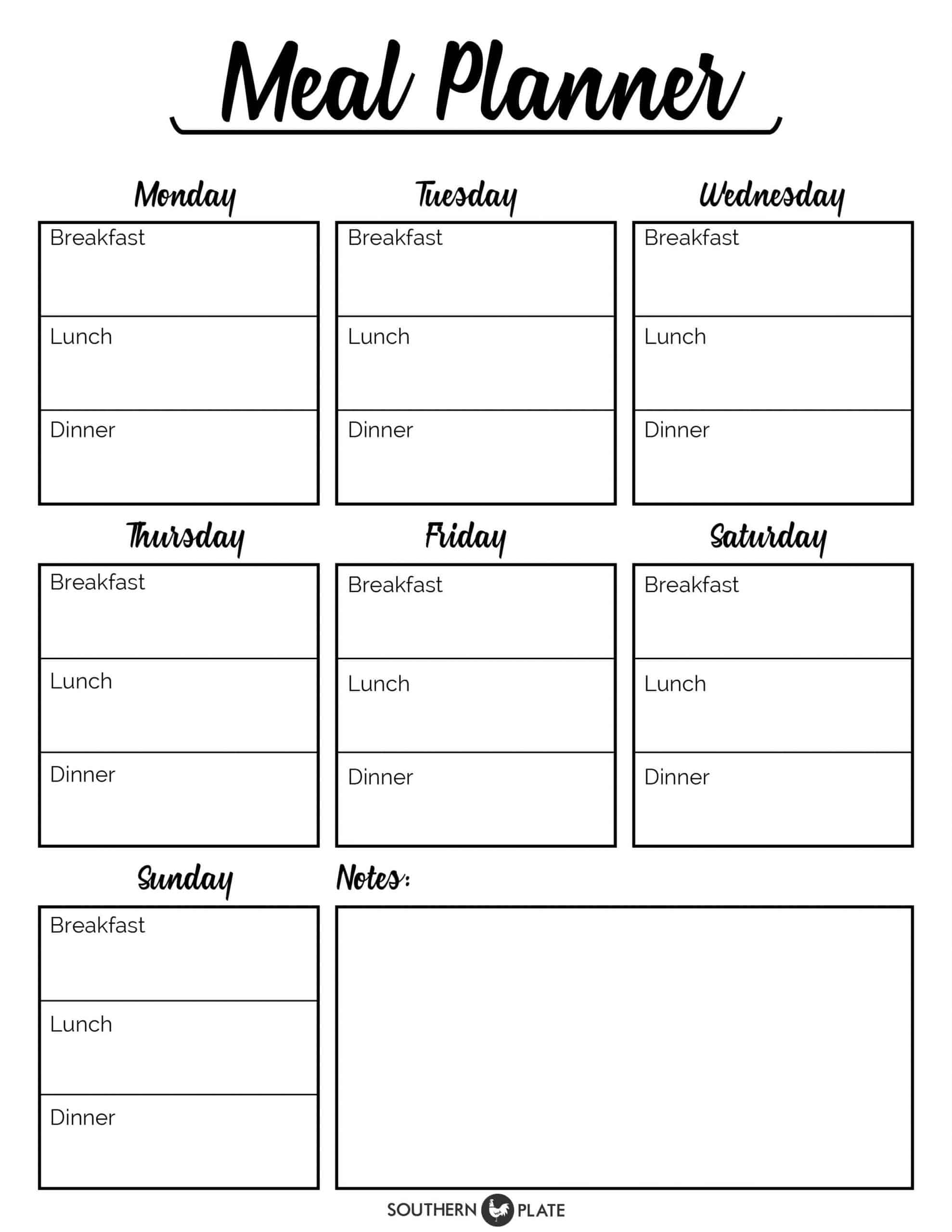A colorful and organized Free Weekly Printable Meal Planner with Grocery List Included displayed on a kitchen counter.