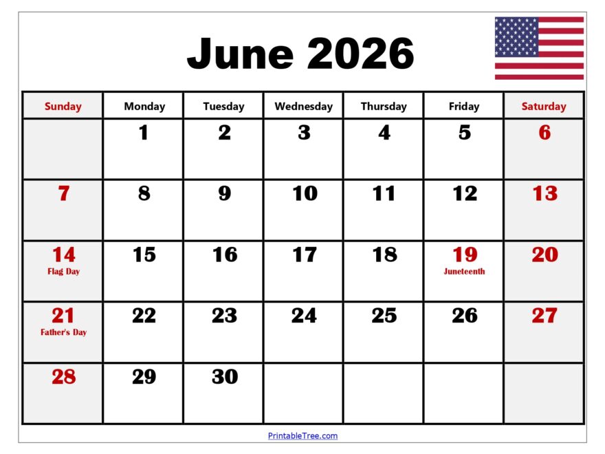 Printable June 2026 calendar with holidays, perfect for planning.