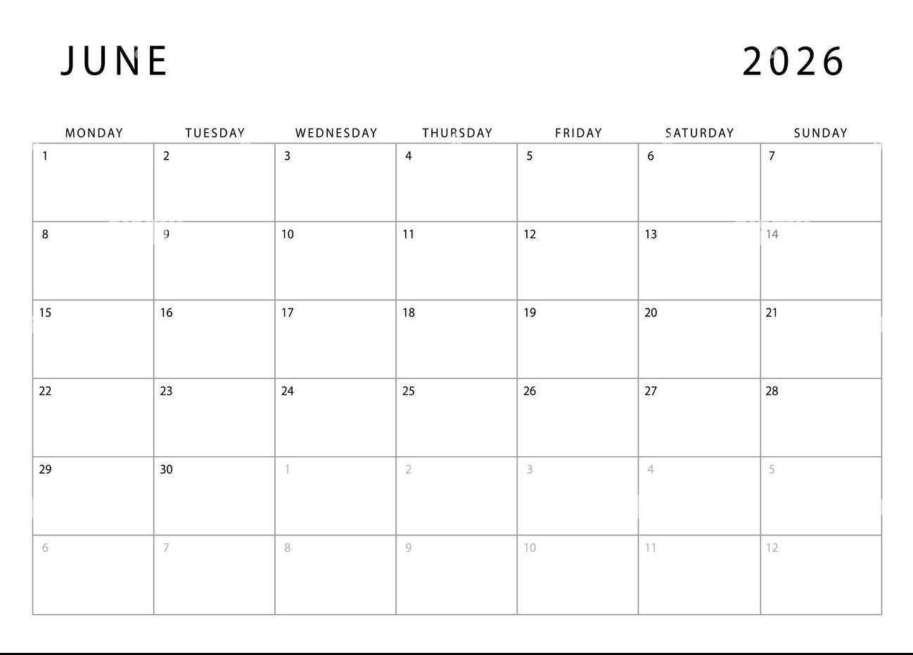 Printable June 2026 calendar with a Monday start layout.