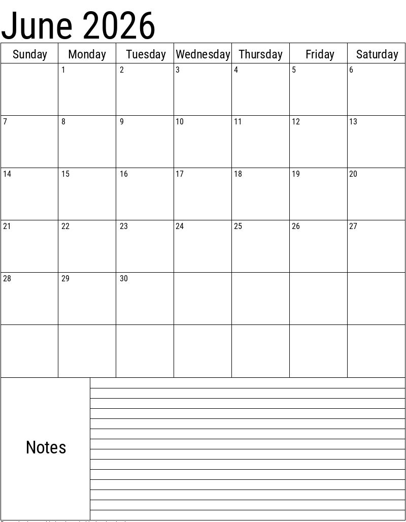 June 2026 calendar with notes for planning and organization