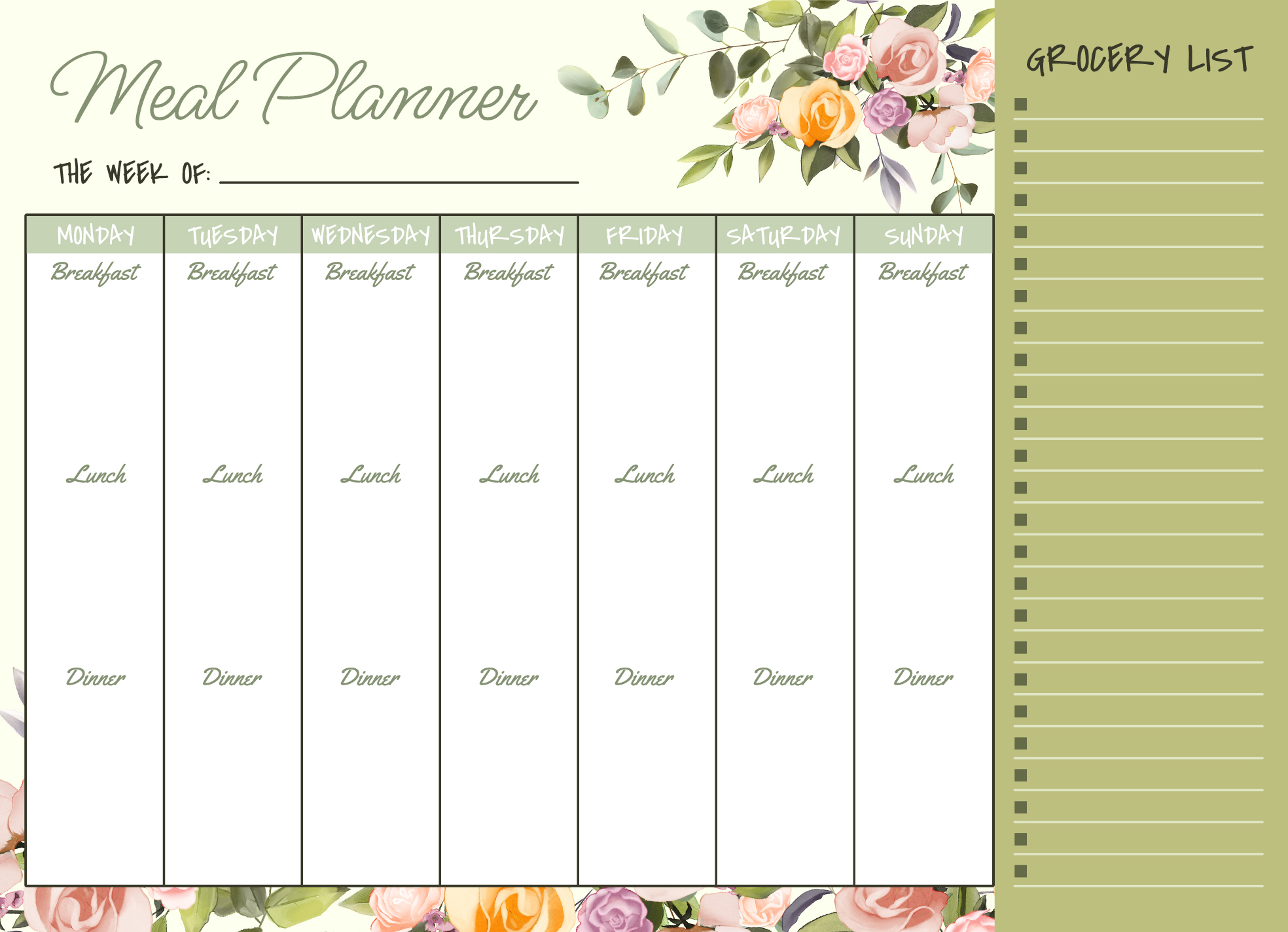 A colorful meal planner template with sections for meals and grocery list.