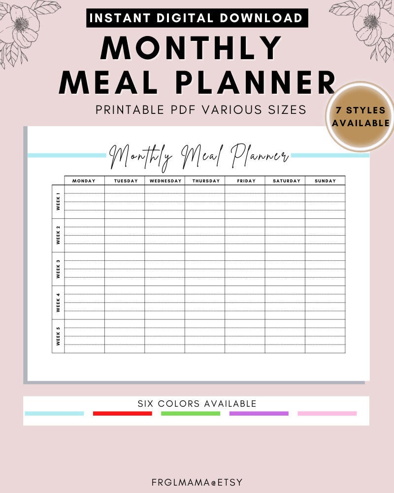 Colorful monthly meal planner with sections for meals and notes.