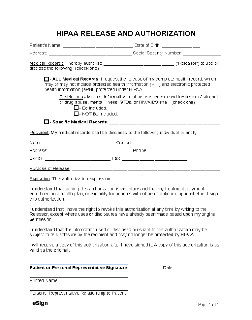 A printable medical release form displayed on a desk with a pen, featuring clear sections for patient information.