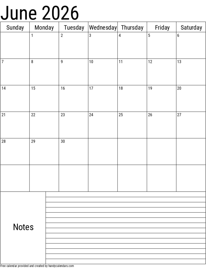 June 2026 calendar displaying days of the month with a notes section, white background, simple layout.