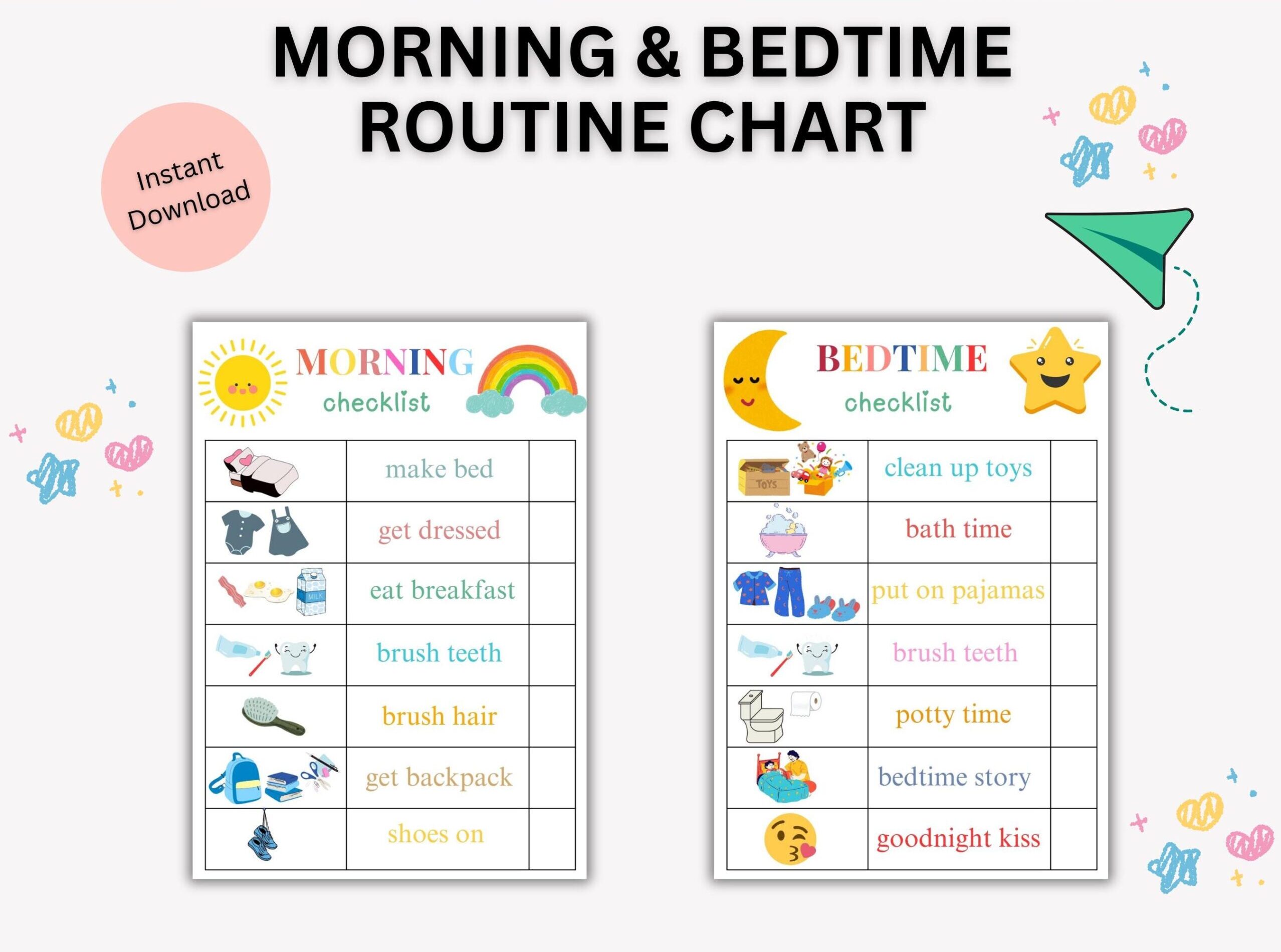 Brightly illustrated routine cards for kids featuring morning and night activities