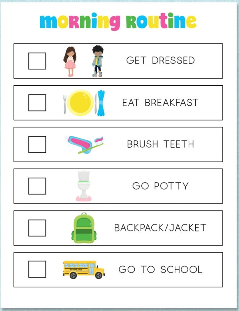 Colorful morning checklist with tasks for kids, featuring illustrations and bright colors in a school setting.