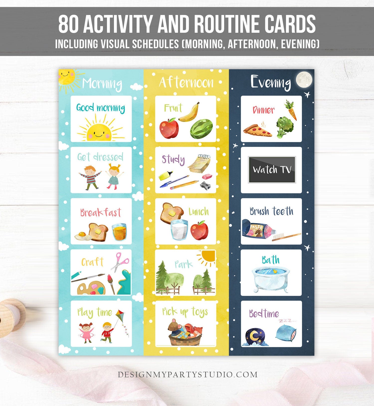 Colorful cards depicting a Kindergarten Checklist: Toddler Morning & Night Routine Printables for kids.